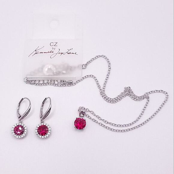 CZ By Kenneth Jay Lane Ruby Necklace and Drop Earring Set - Picture 4 of 11